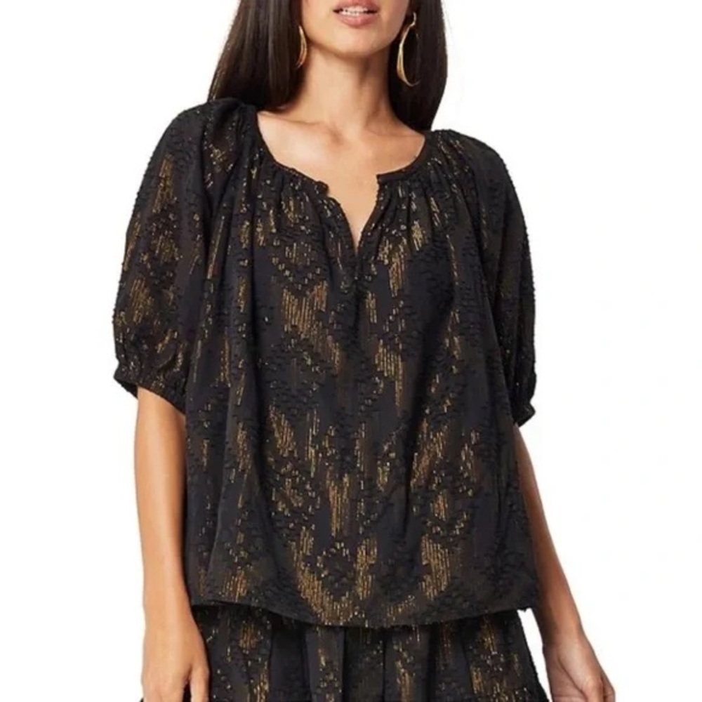 Roller Rabbit Black Gold Metallic Blouse Womens Top XS Holiday Boho Cotton